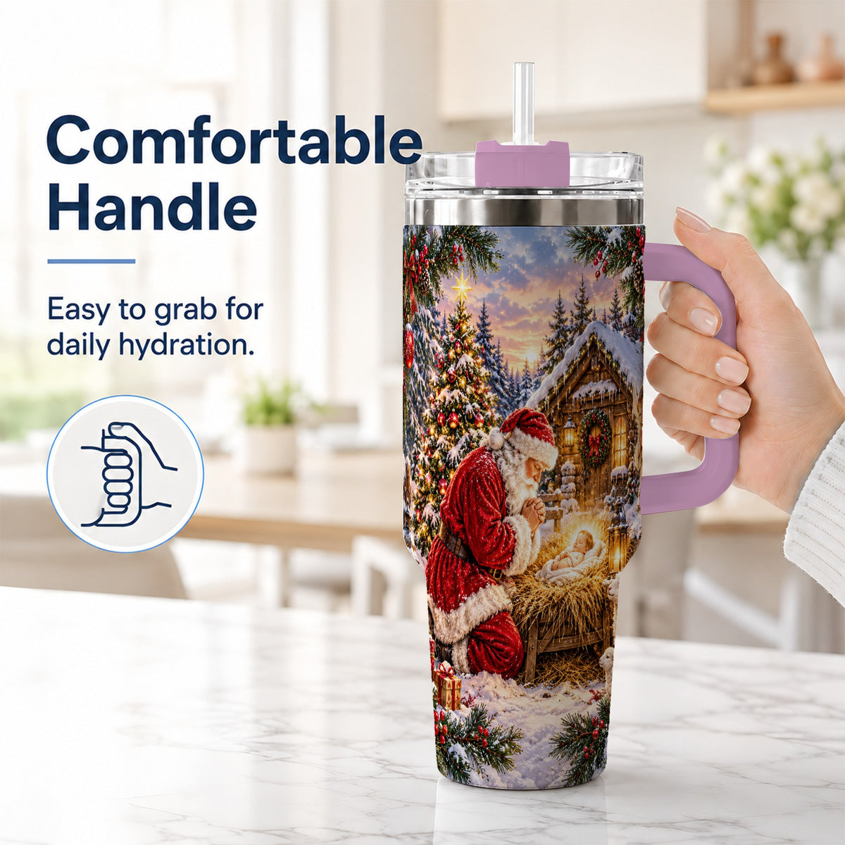 #pl[40oz|Pink] Snowy Santa 40oz Tumbler, Christmas Scene Stainless Steel Travel Cup
