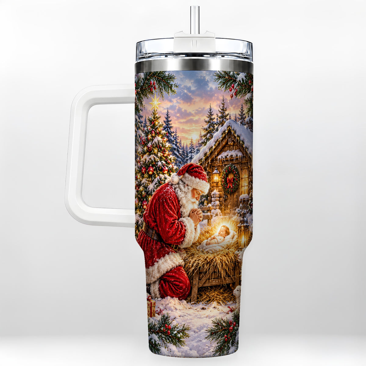 Snowy Santa 40oz Tumbler, Christmas Scene Stainless Steel Travel Cup