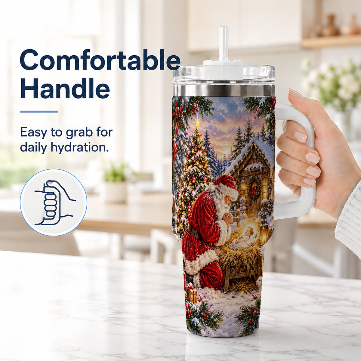 #pl[40oz|White] Snowy Santa 40oz Tumbler, Christmas Scene Stainless Steel Travel Cup