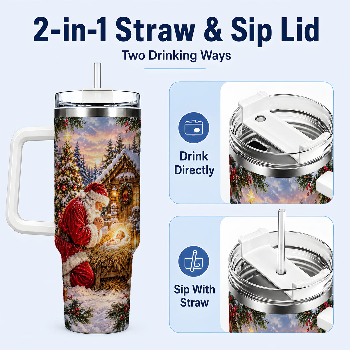 #pl[40oz|White] Snowy Santa 40oz Tumbler, Christmas Scene Stainless Steel Travel Cup