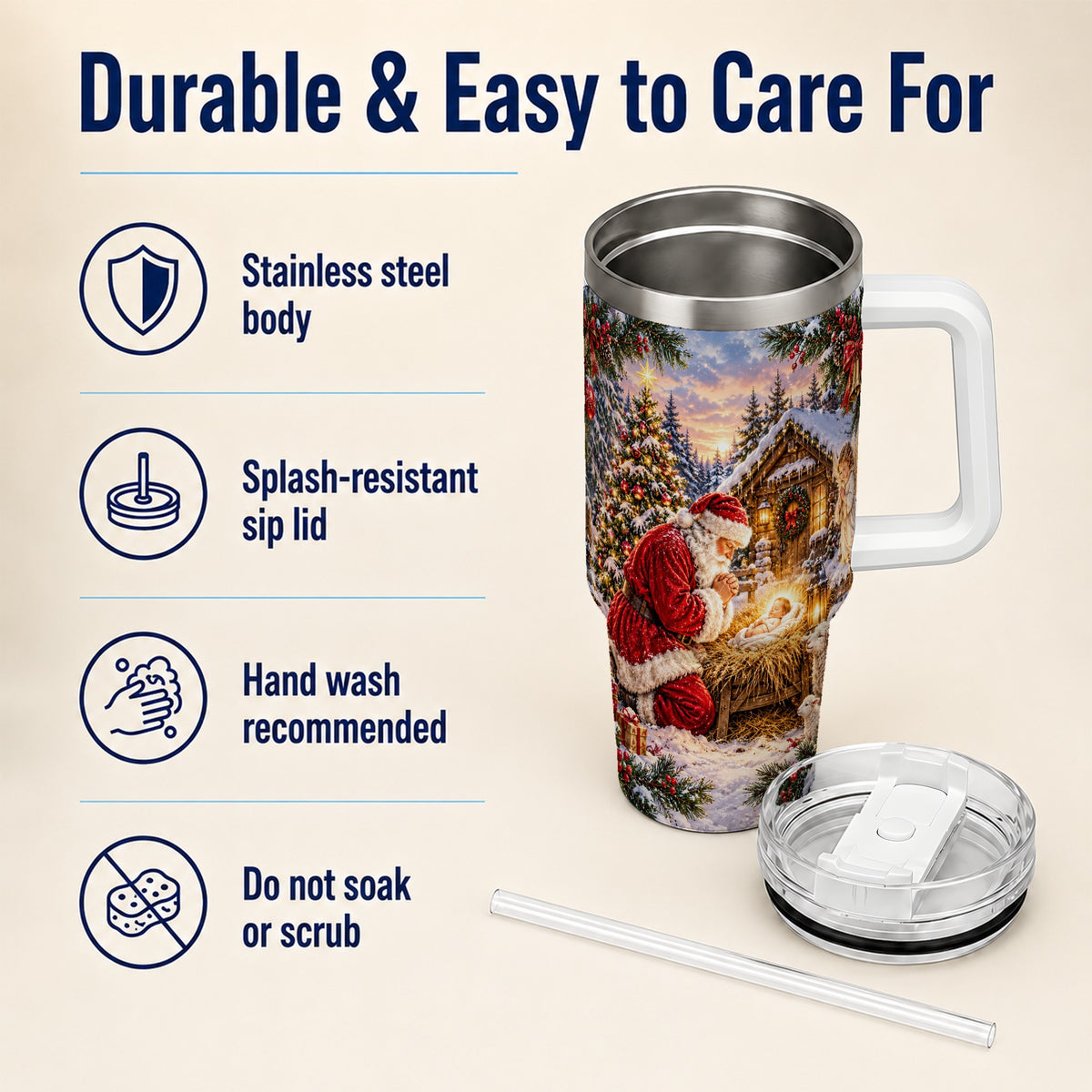 Snowy Santa 40oz Tumbler, Christmas Scene Stainless Steel Travel Cup