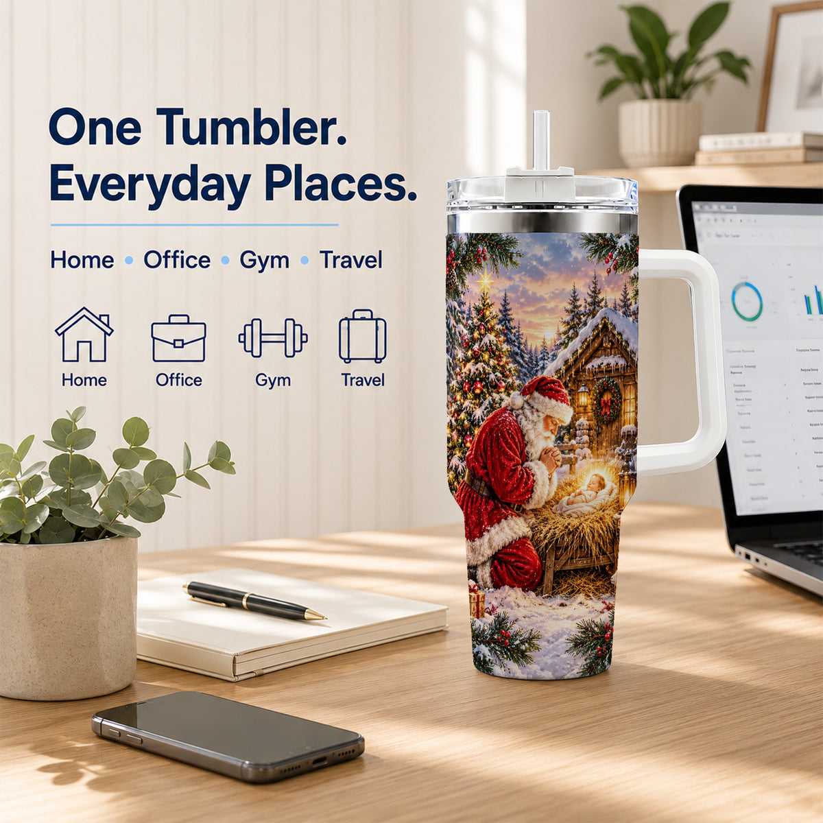 Snowy Santa 40oz Tumbler, Christmas Scene Stainless Steel Travel Cup