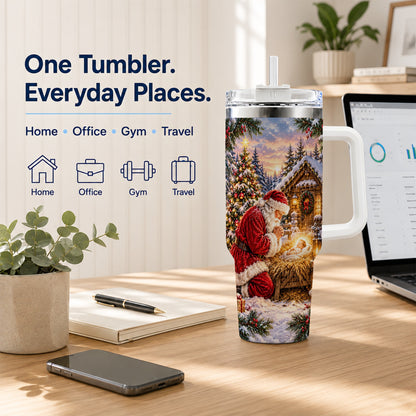 Snowy Santa 40oz Tumbler, Christmas Scene Stainless Steel Travel Cup