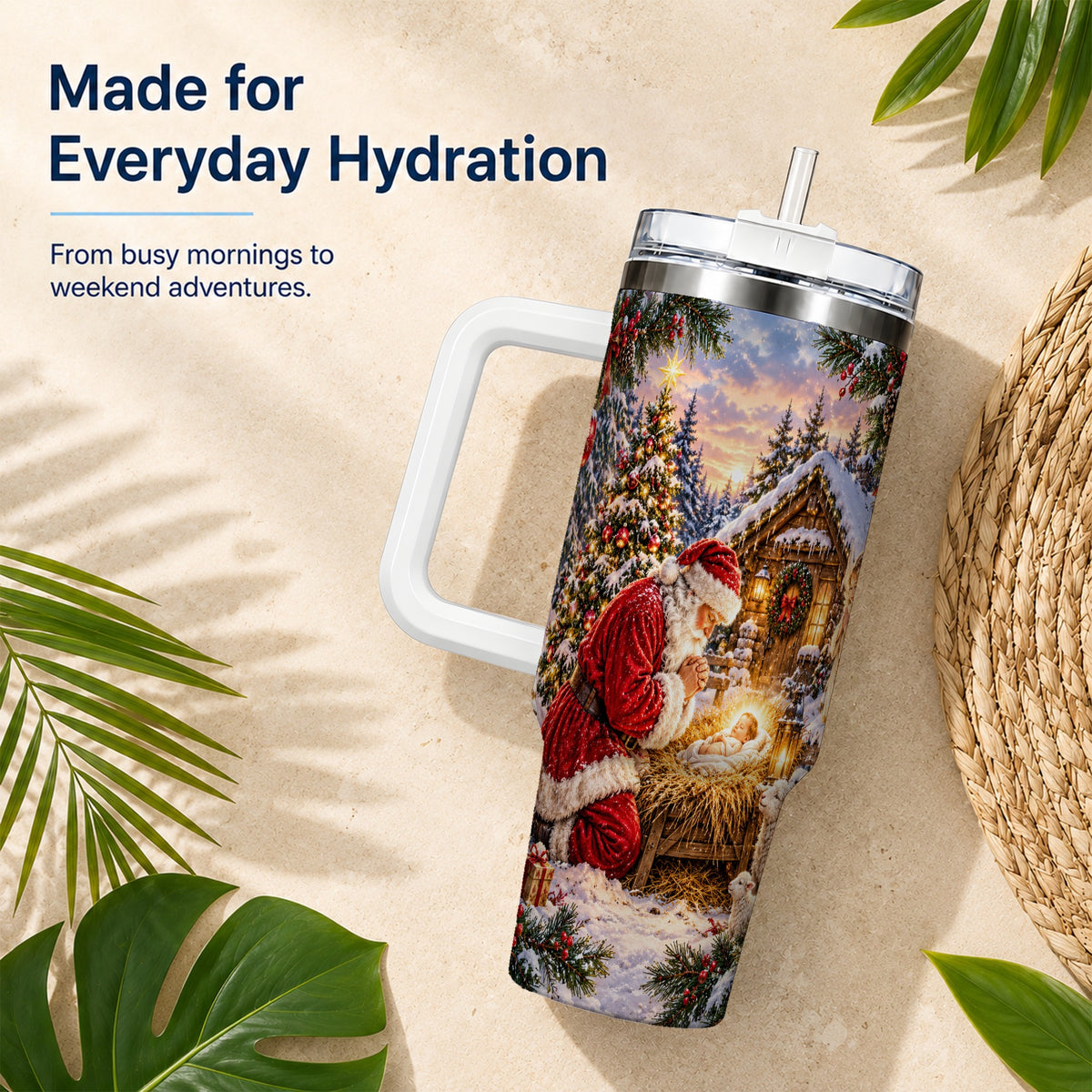 Snowy Santa 40oz Tumbler, Christmas Scene Stainless Steel Travel Cup