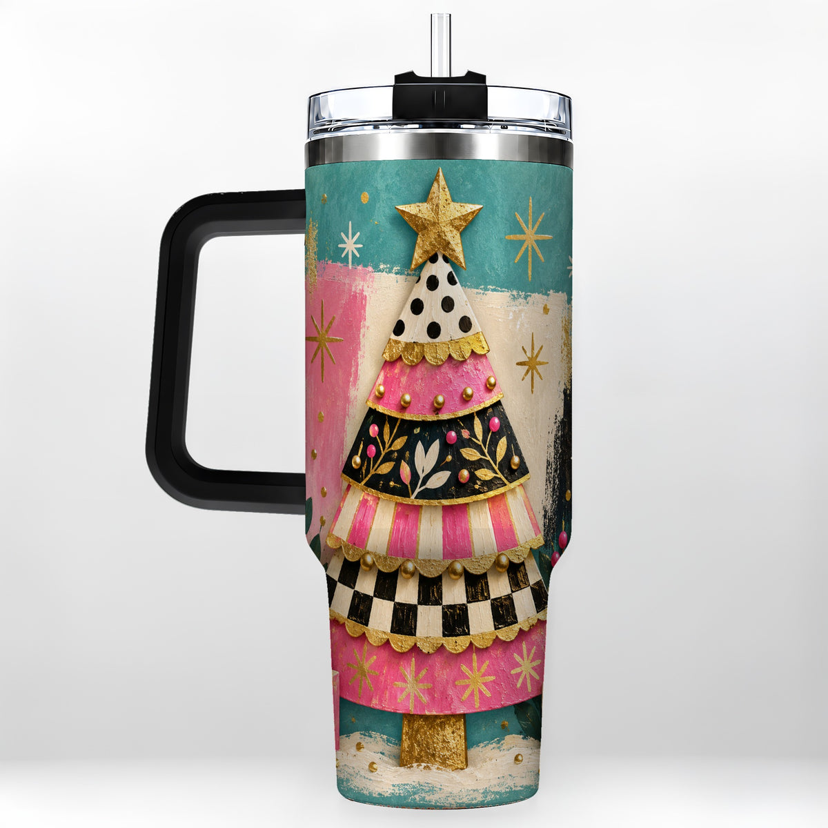 #pl[40oz|Black] Pink Christmas Tree 40oz Tumbler, Festive Stainless Steel Travel Cup