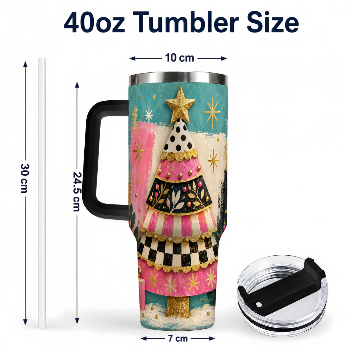 #pl[40oz|Black] Pink Christmas Tree 40oz Tumbler, Festive Stainless Steel Travel Cup