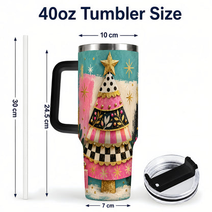 #pl[40oz|Black] Pink Christmas Tree 40oz Tumbler, Festive Stainless Steel Travel Cup