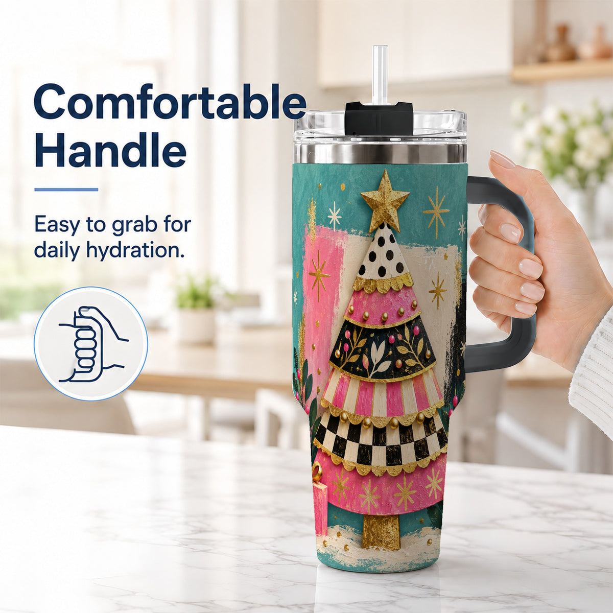 #pl[40oz|Black] Pink Christmas Tree 40oz Tumbler, Festive Stainless Steel Travel Cup