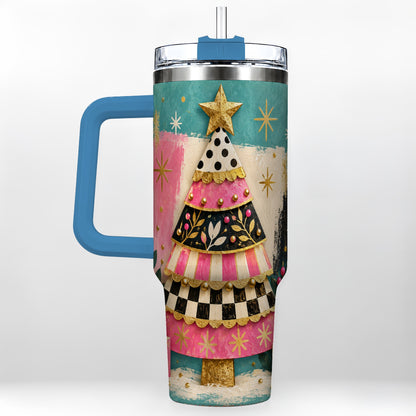 #pl[40oz|Blue] Pink Christmas Tree 40oz Tumbler, Festive Stainless Steel Travel Cup