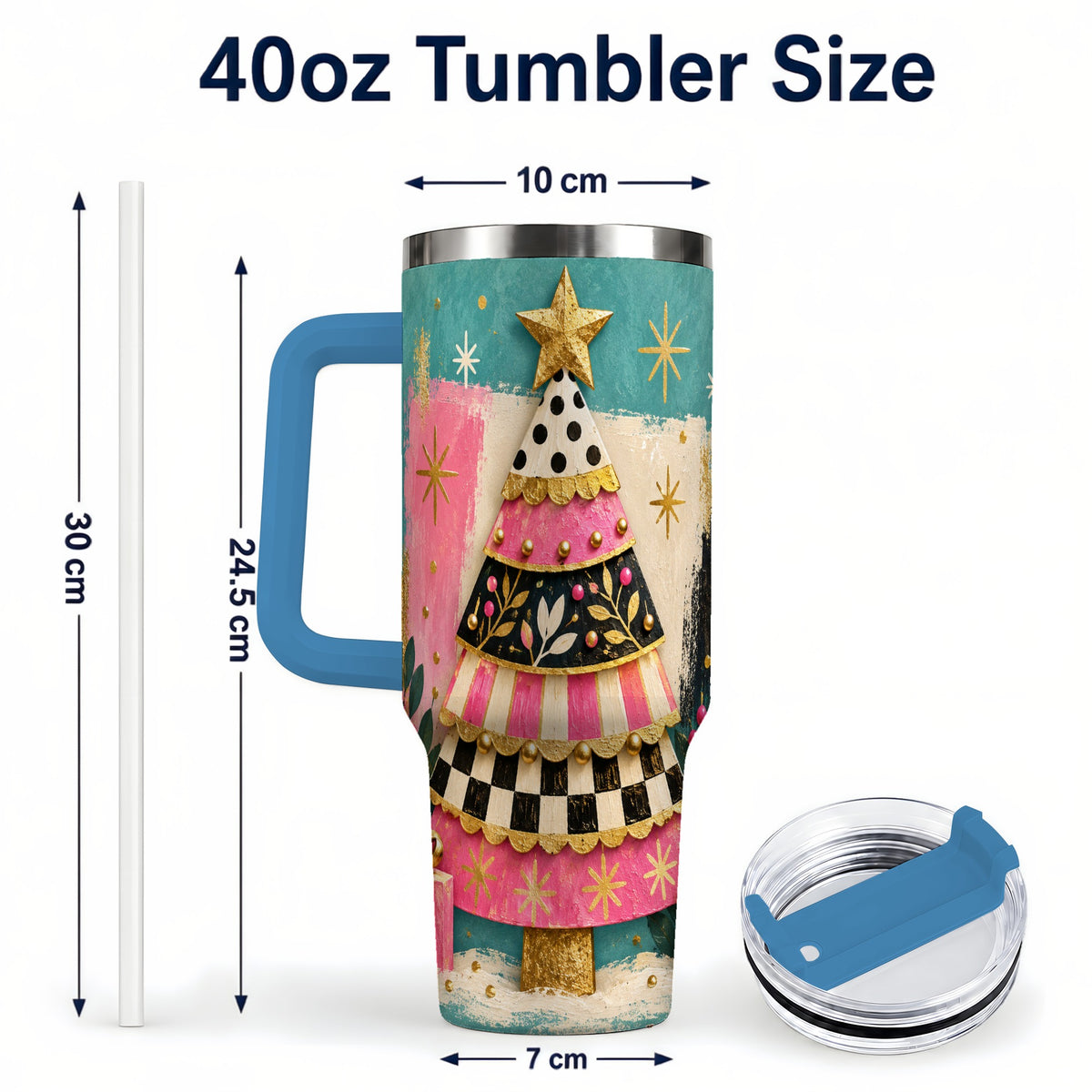 #pl[40oz|Blue] Pink Christmas Tree 40oz Tumbler, Festive Stainless Steel Travel Cup