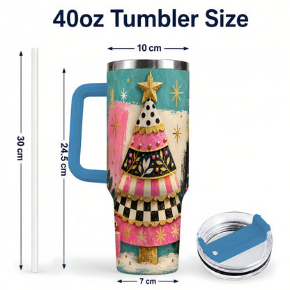 #pl[40oz|Blue] Pink Christmas Tree 40oz Tumbler, Festive Stainless Steel Travel Cup