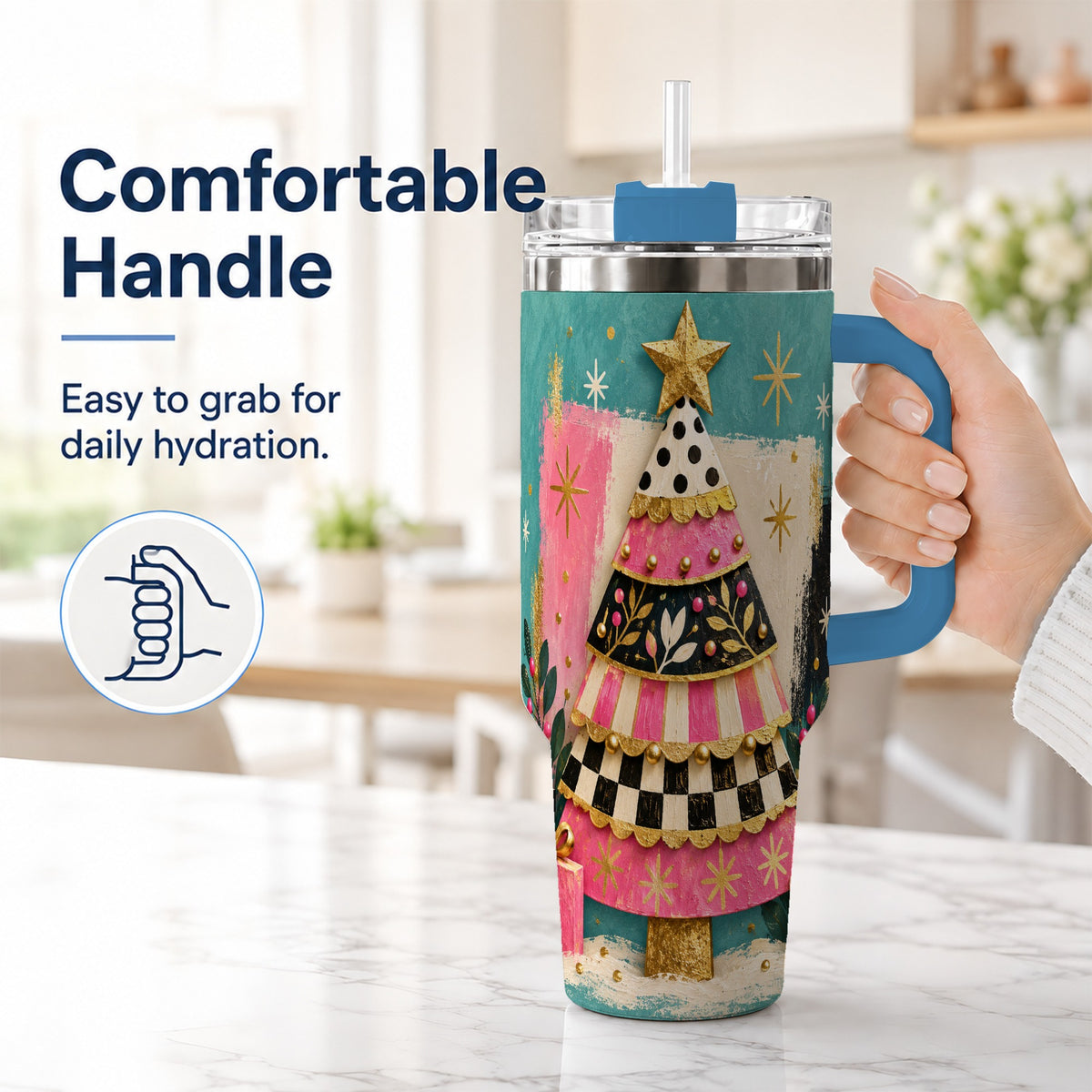 #pl[40oz|Blue] Pink Christmas Tree 40oz Tumbler, Festive Stainless Steel Travel Cup