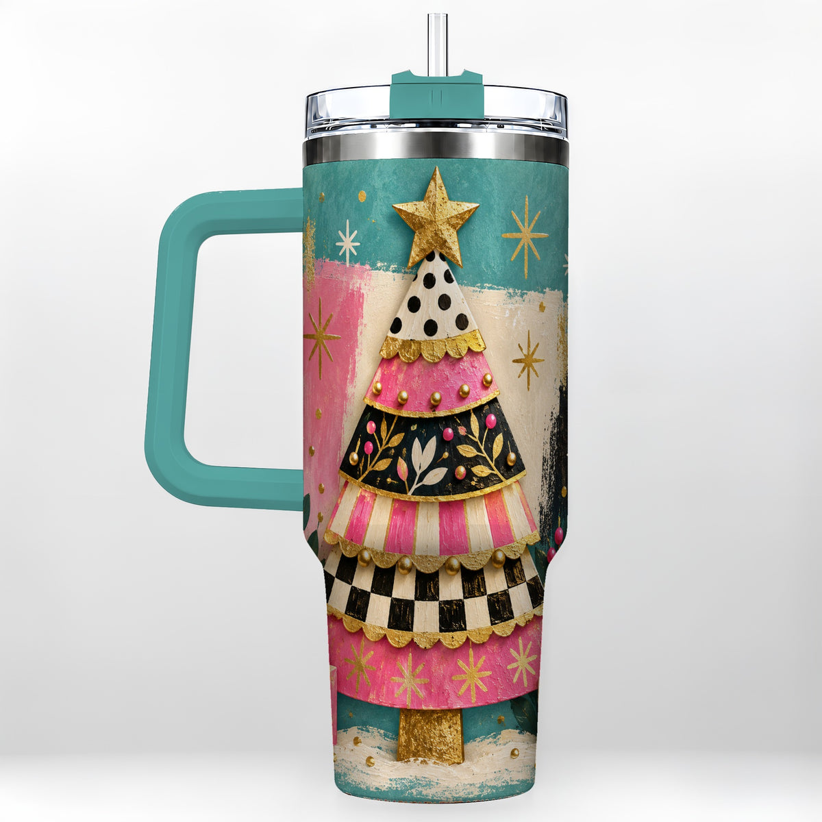 #pl[40oz|Green] Pink Christmas Tree 40oz Tumbler, Festive Stainless Steel Travel Cup