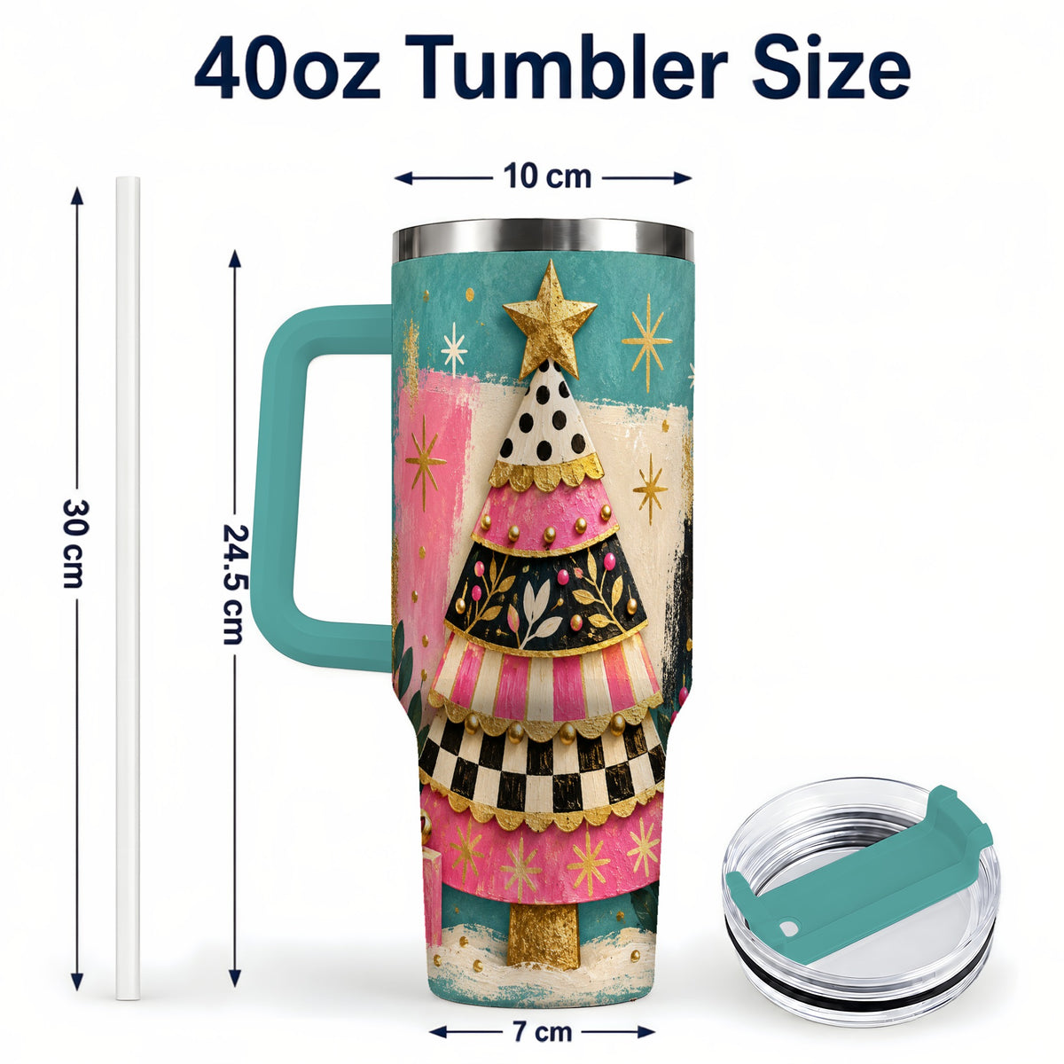 #pl[40oz|Green] Pink Christmas Tree 40oz Tumbler, Festive Stainless Steel Travel Cup