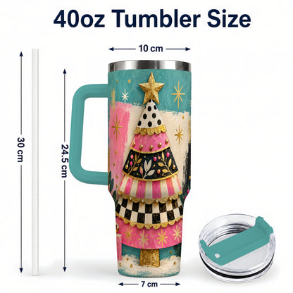 #pl[40oz|Green] Pink Christmas Tree 40oz Tumbler, Festive Stainless Steel Travel Cup
