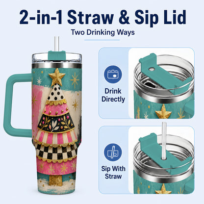 #pl[40oz|Green] Pink Christmas Tree 40oz Tumbler, Festive Stainless Steel Travel Cup