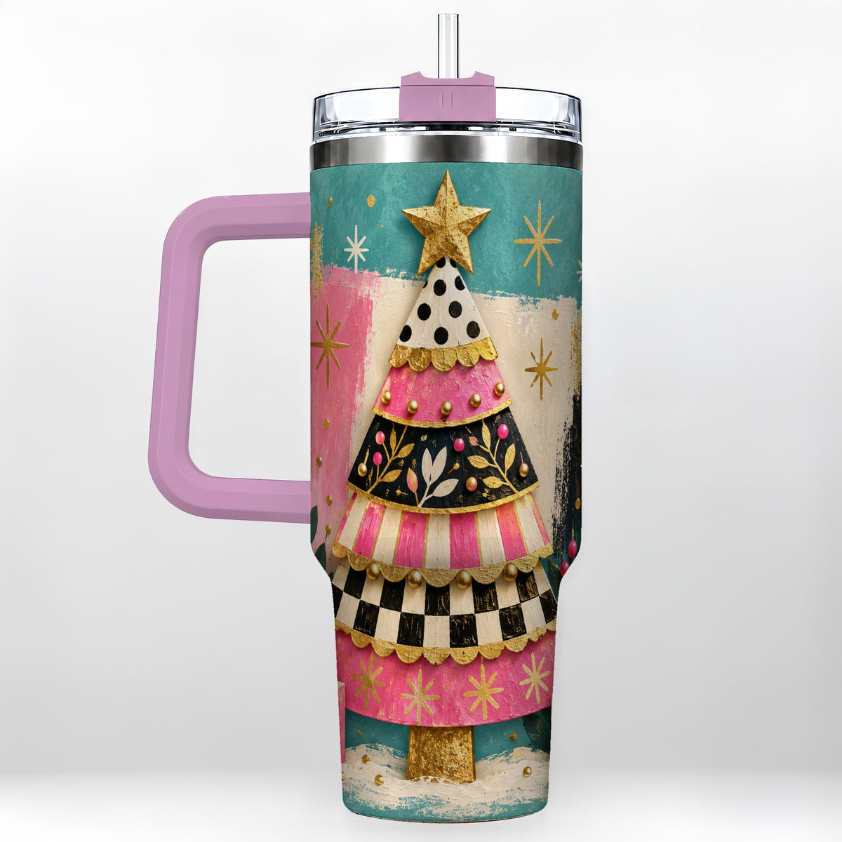 #pl[40oz|Pink] Pink Christmas Tree 40oz Tumbler, Festive Stainless Steel Travel Cup