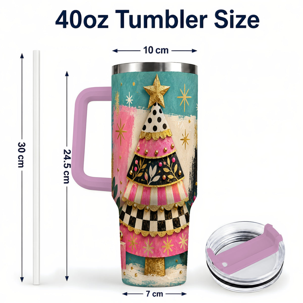 #pl[40oz|Pink] Pink Christmas Tree 40oz Tumbler, Festive Stainless Steel Travel Cup