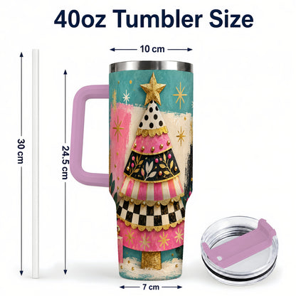 #pl[40oz|Pink] Pink Christmas Tree 40oz Tumbler, Festive Stainless Steel Travel Cup