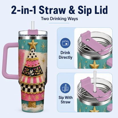 #pl[40oz|Pink] Pink Christmas Tree 40oz Tumbler, Festive Stainless Steel Travel Cup