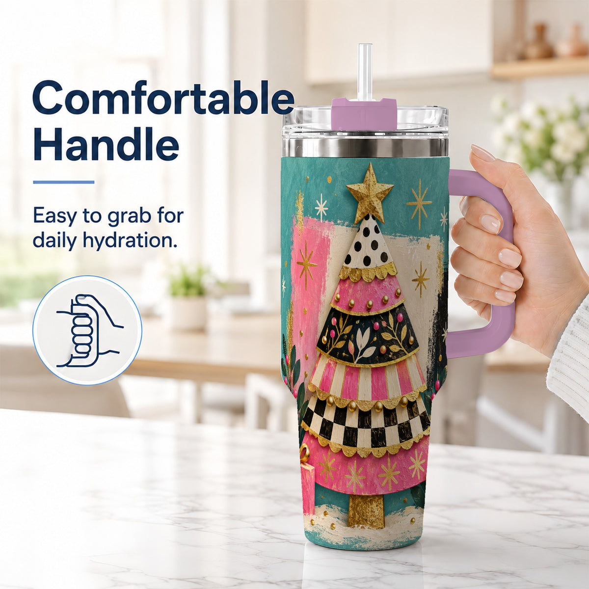 #pl[40oz|Pink] Pink Christmas Tree 40oz Tumbler, Festive Stainless Steel Travel Cup