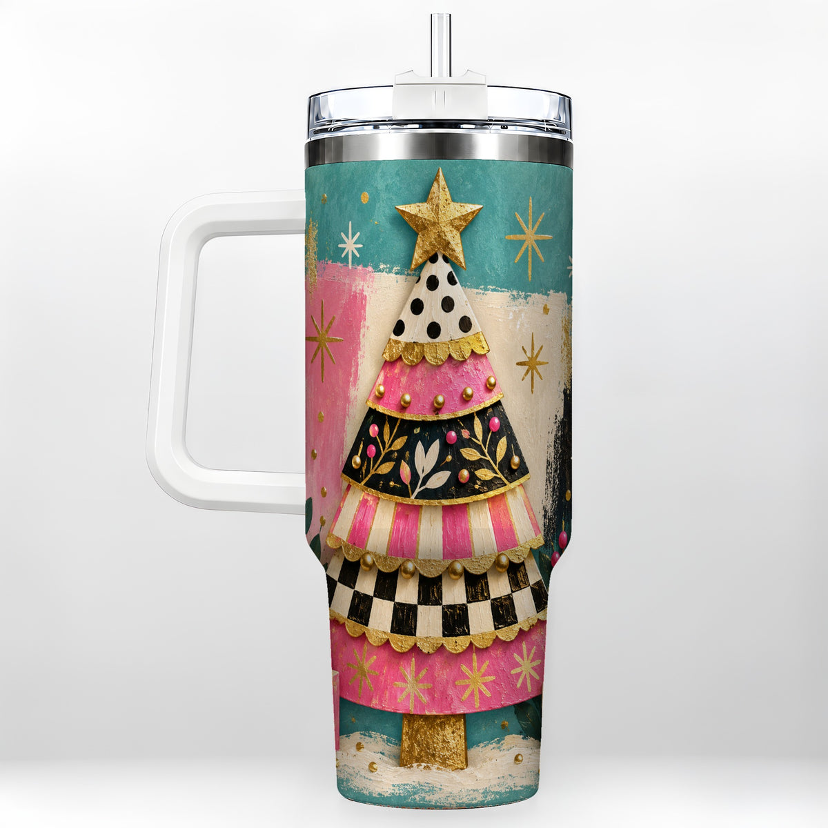 Pink Christmas Tree 40oz Tumbler, Festive Stainless Steel Travel Cup