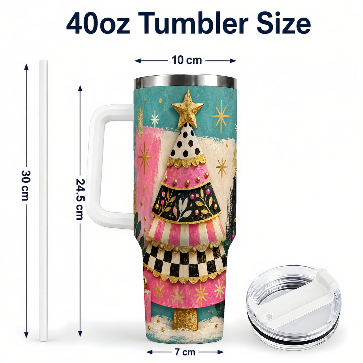 #pl[40oz|White] Pink Christmas Tree 40oz Tumbler, Festive Stainless Steel Travel Cup