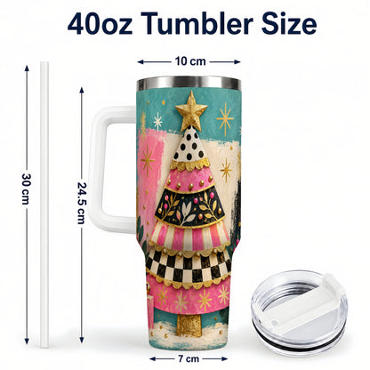 #pl[40oz|White] Pink Christmas Tree 40oz Tumbler, Festive Stainless Steel Travel Cup