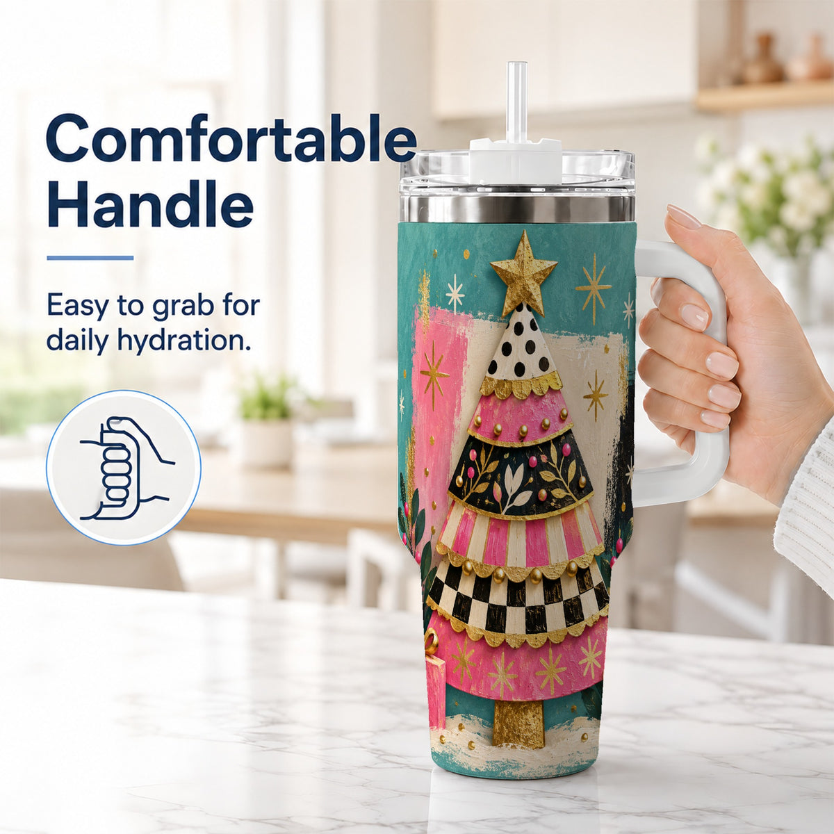 #pl[40oz|White] Pink Christmas Tree 40oz Tumbler, Festive Stainless Steel Travel Cup