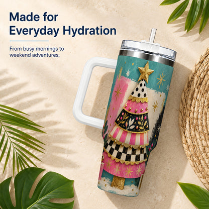 Pink Christmas Tree 40oz Tumbler, Festive Stainless Steel Travel Cup