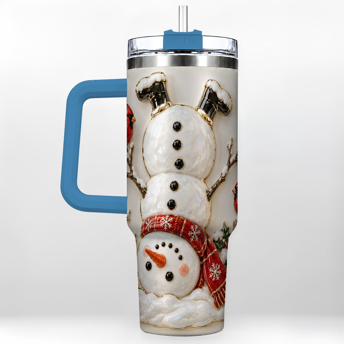 #pl[40oz|Blue] Snowman Cardinal 40oz Tumbler, Winter Bird Stainless Steel Travel Cup