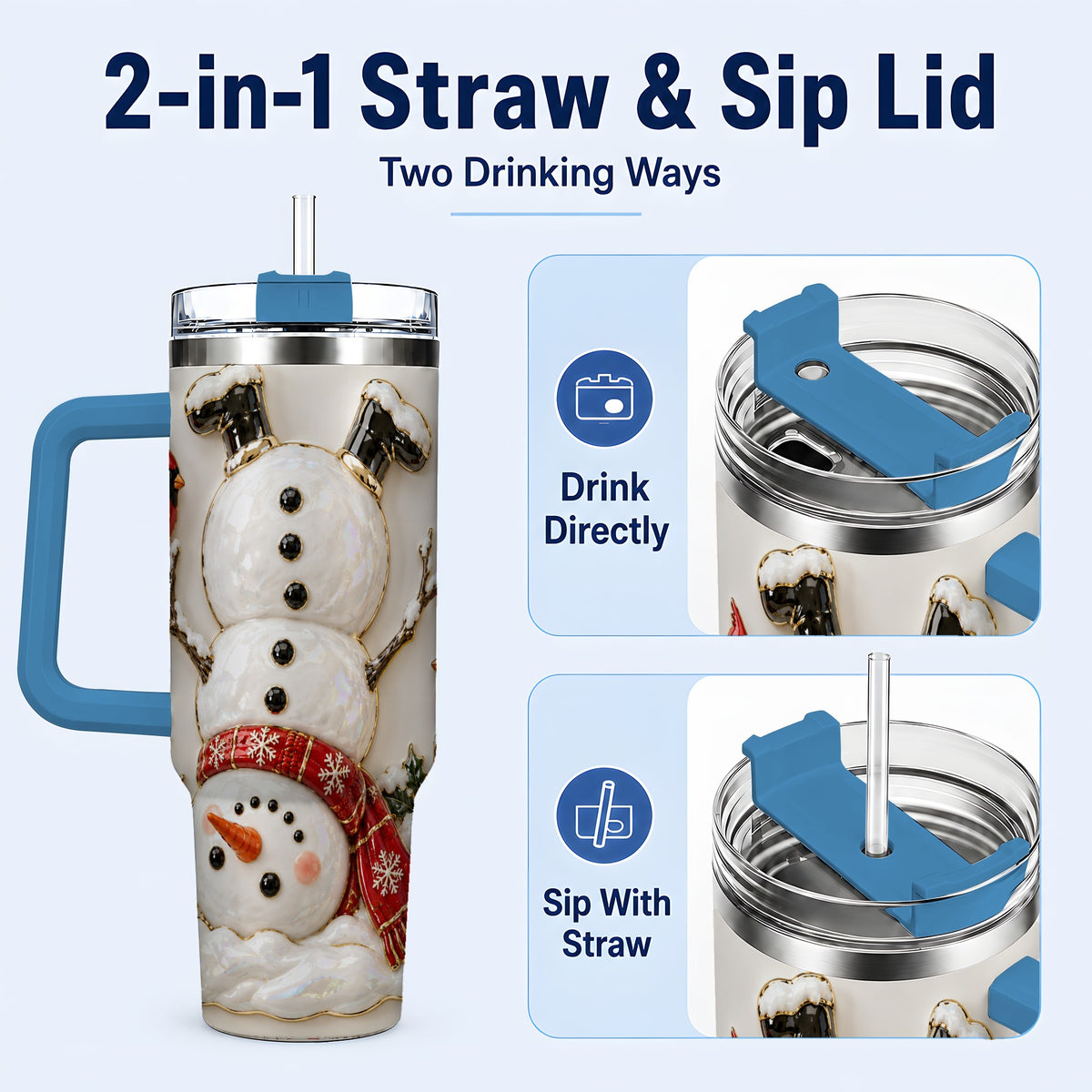 #pl[40oz|Blue] Snowman Cardinal 40oz Tumbler, Winter Bird Stainless Steel Travel Cup