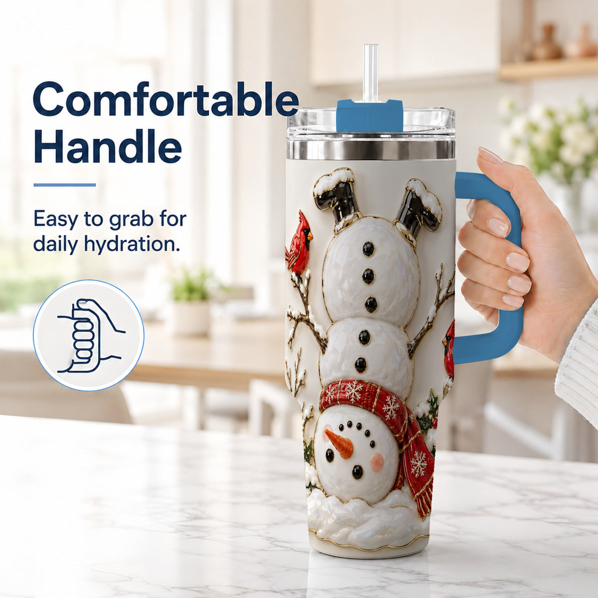 #pl[40oz|Blue] Snowman Cardinal 40oz Tumbler, Winter Bird Stainless Steel Travel Cup