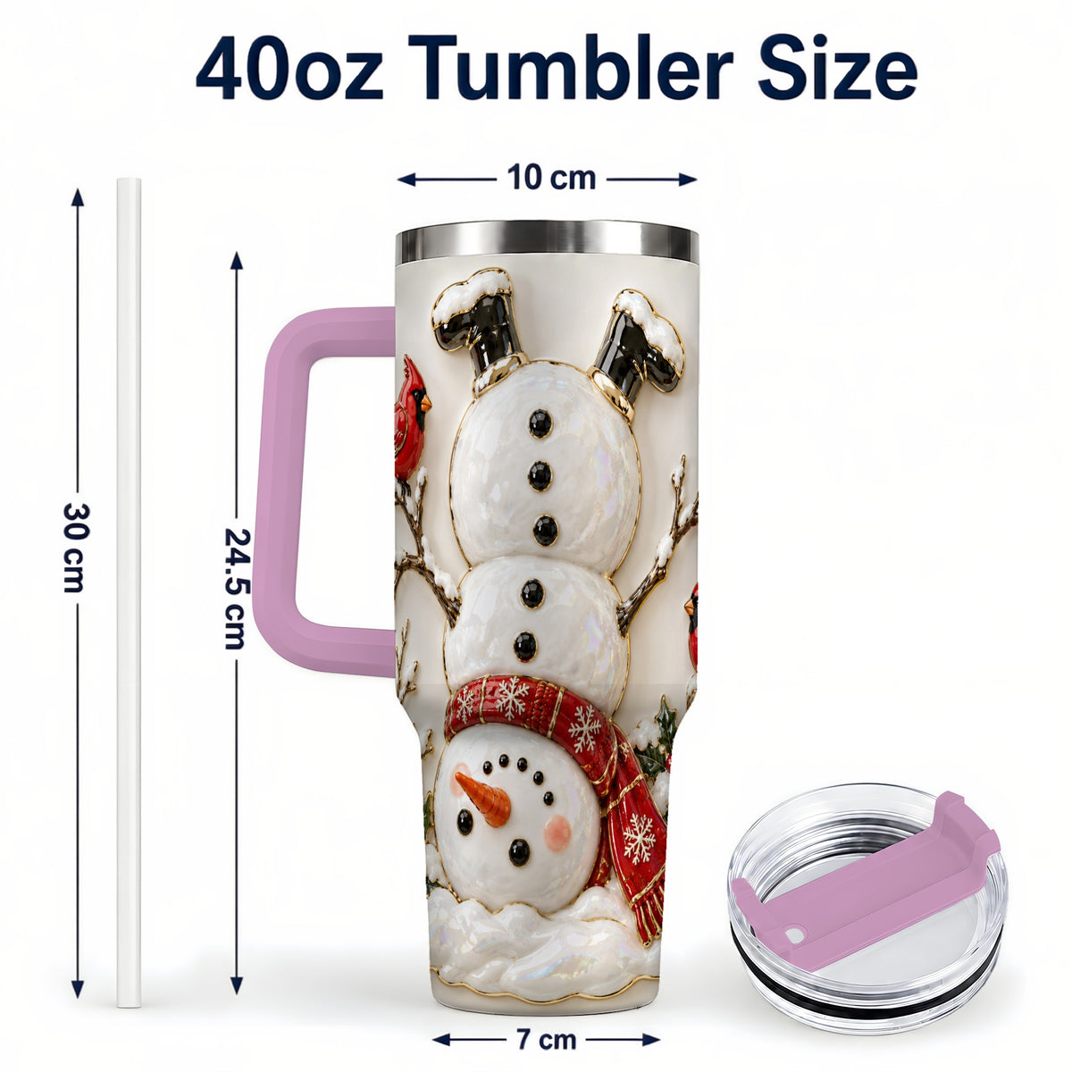 #pl[40oz|Pink] Snowman Cardinal 40oz Tumbler, Winter Bird Stainless Steel Travel Cup