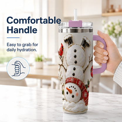 #pl[40oz|Pink] Snowman Cardinal 40oz Tumbler, Winter Bird Stainless Steel Travel Cup
