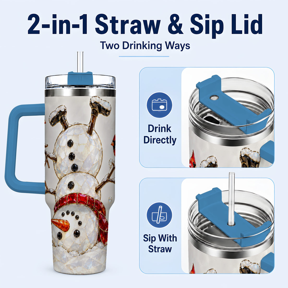 #pl[40oz|Blue] Sparkling Snowman 40oz Tumbler, Cardinal Stainless Steel Travel Cup