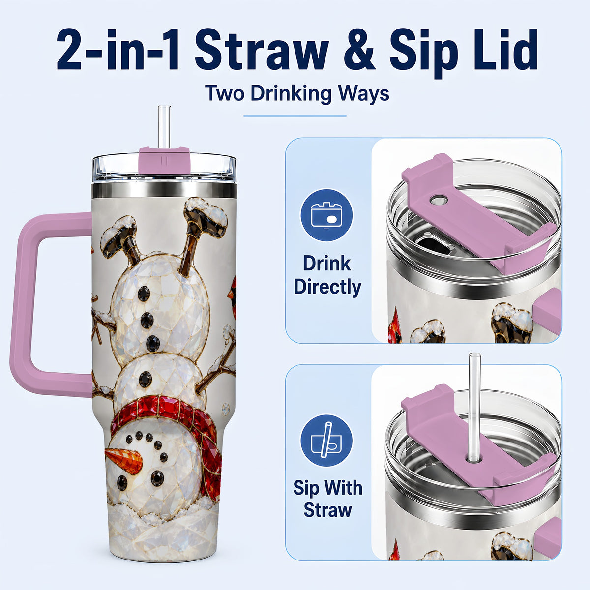 #pl[40oz|Pink] Sparkling Snowman 40oz Tumbler, Cardinal Stainless Steel Travel Cup
