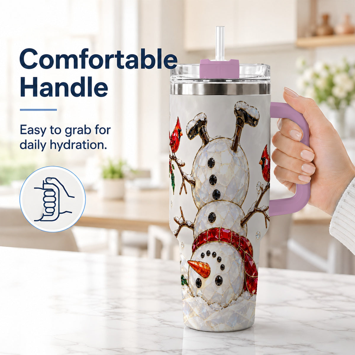 #pl[40oz|Pink] Sparkling Snowman 40oz Tumbler, Cardinal Stainless Steel Travel Cup