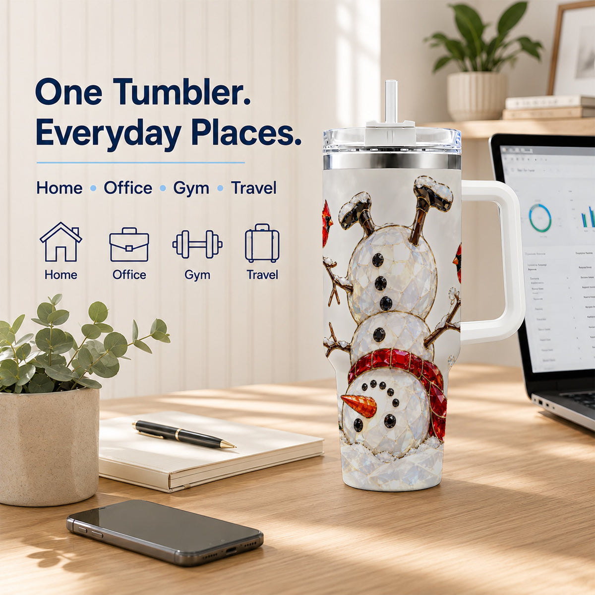 Sparkling Snowman 40oz Tumbler, Cardinal Stainless Steel Travel Cup