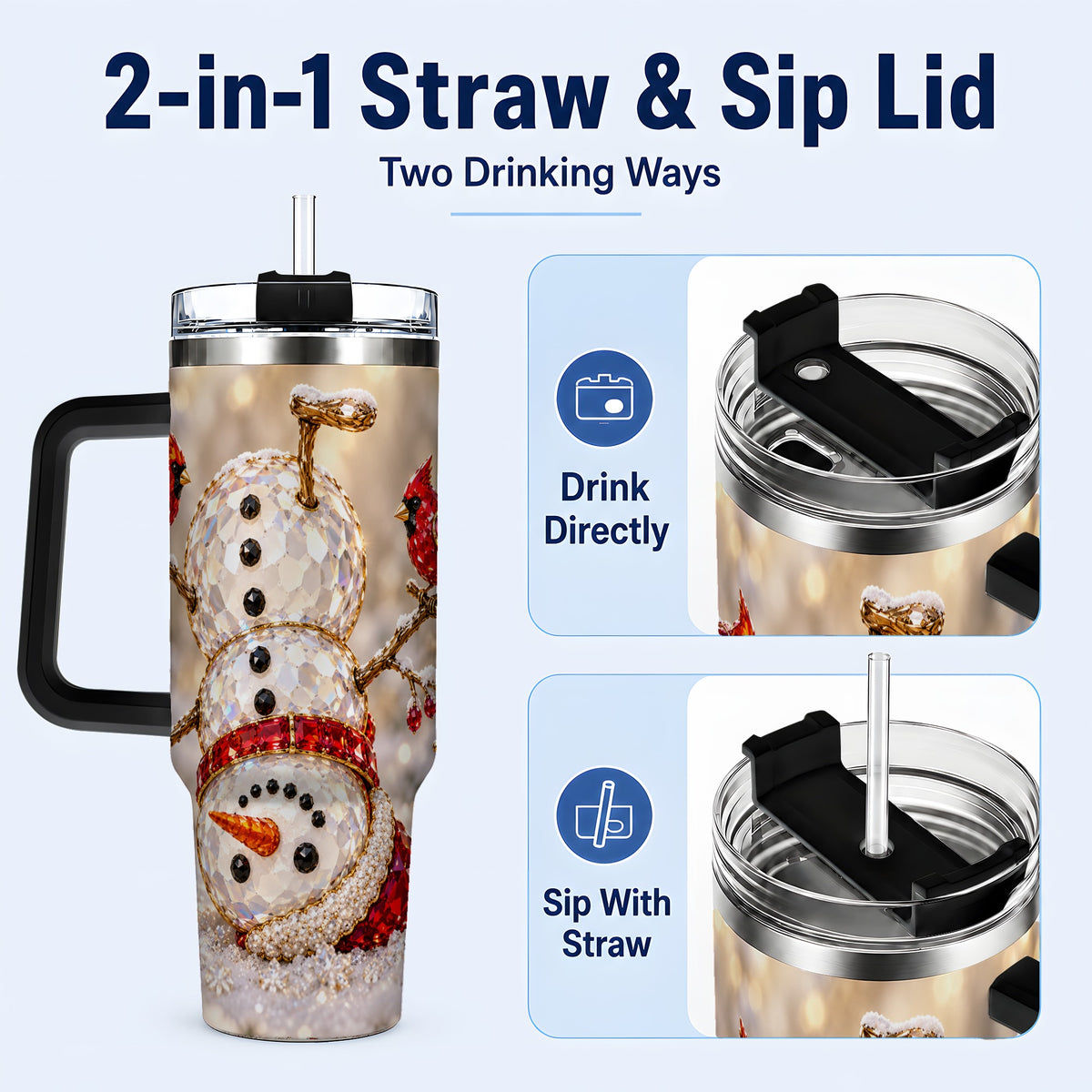 #pl[40oz|Black] Winter Snowman 40oz Tumbler, Red Cardinal Stainless Steel Travel Cup