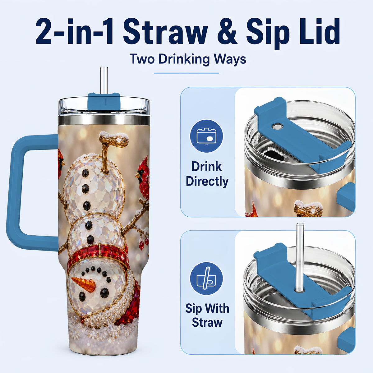 #pl[40oz|Blue] Winter Snowman 40oz Tumbler, Red Cardinal Stainless Steel Travel Cup