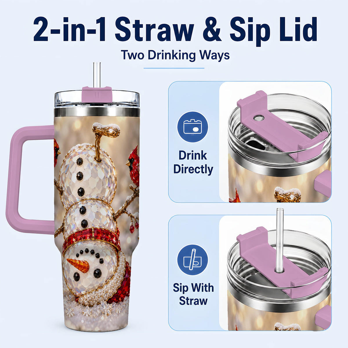 #pl[40oz|Pink] Winter Snowman 40oz Tumbler, Red Cardinal Stainless Steel Travel Cup