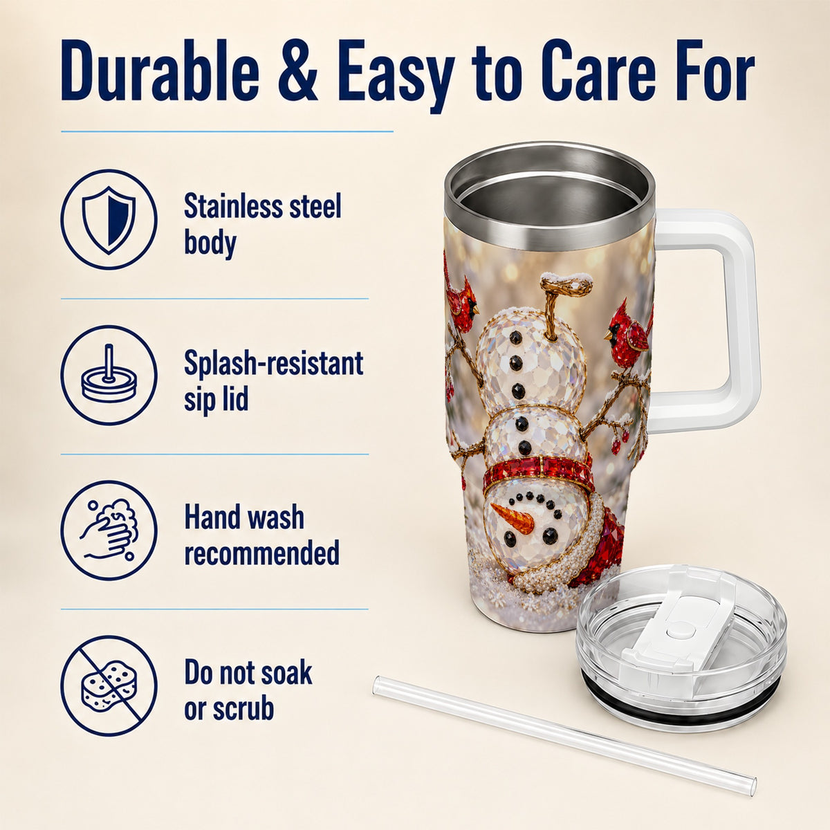 Winter Snowman 40oz Tumbler, Red Cardinal Stainless Steel Travel Cup