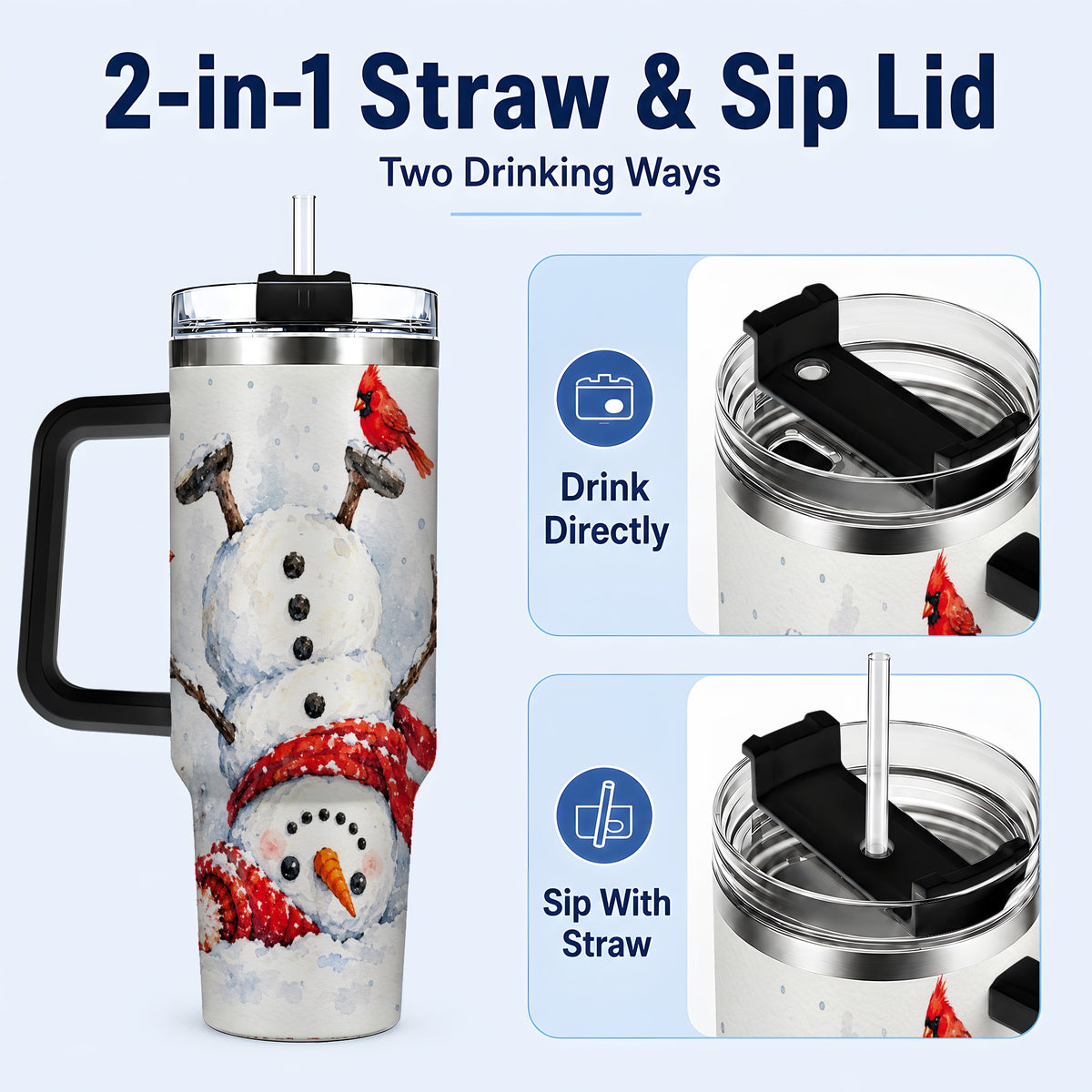 #pl[40oz|Black] Snowman Cardinal 40oz Tumbler, Winter Stainless Steel Travel Cup