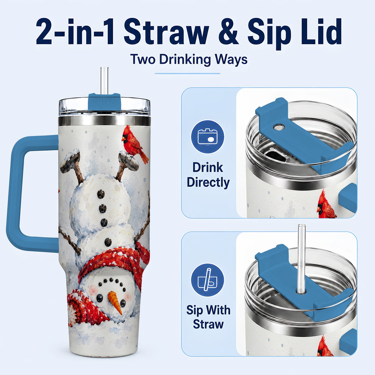 #pl[40oz|Blue] Snowman Cardinal 40oz Tumbler, Winter Stainless Steel Travel Cup