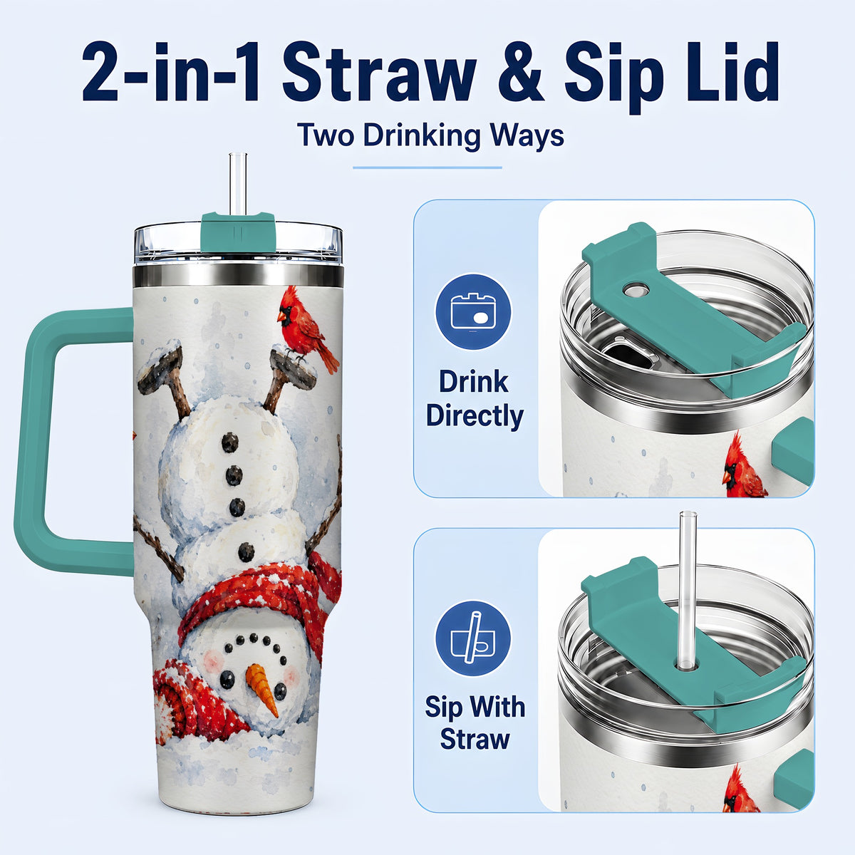 #pl[40oz|Green] Snowman Cardinal 40oz Tumbler, Winter Stainless Steel Travel Cup