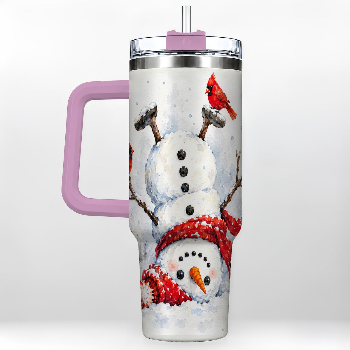 #pl[40oz|Pink] Snowman Cardinal 40oz Tumbler, Winter Stainless Steel Travel Cup
