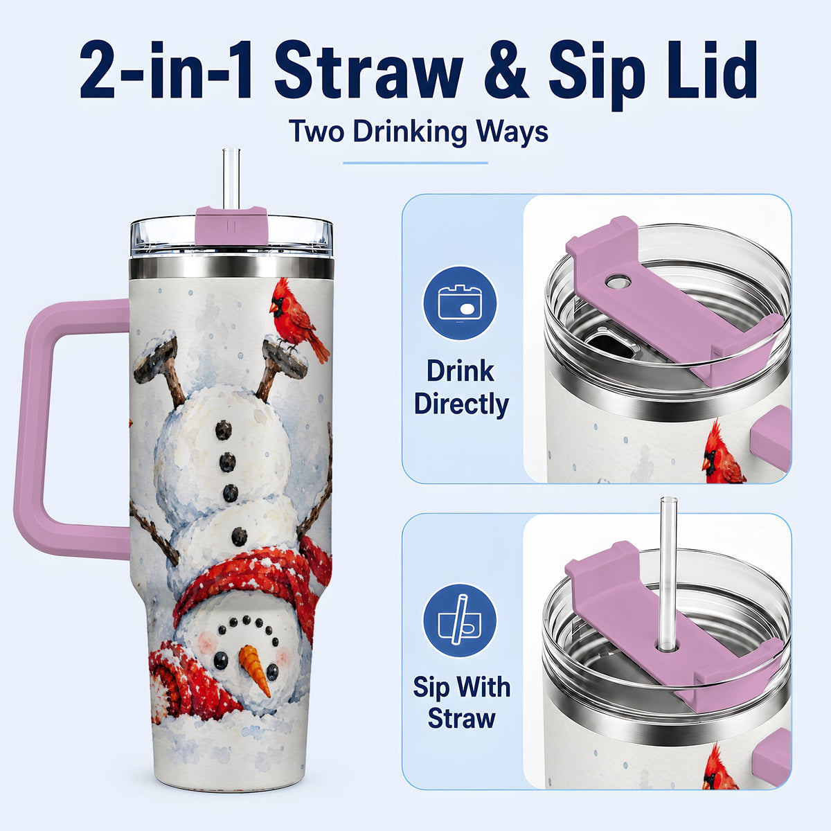 #pl[40oz|Pink] Snowman Cardinal 40oz Tumbler, Winter Stainless Steel Travel Cup