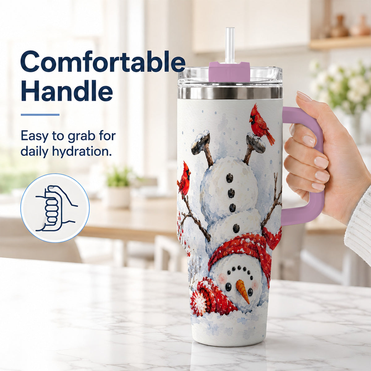 #pl[40oz|Pink] Snowman Cardinal 40oz Tumbler, Winter Stainless Steel Travel Cup