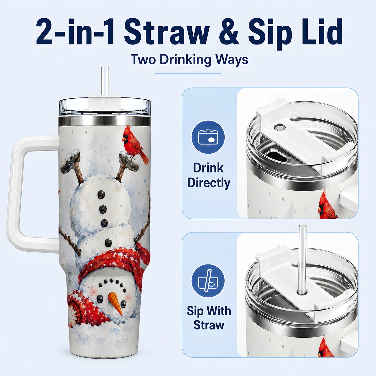 #pl[40oz|White] Snowman Cardinal 40oz Tumbler, Winter Stainless Steel Travel Cup